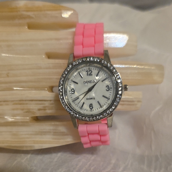 Geneva Jewelry - Geneva Quartz Watch with Pink Strap and Rhinestone Bezel